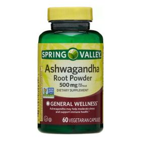 Spring Valley Ashwagandha Root Powder General Wellness Dietary Supplement Vegetarian Capsules, 500 mg, 60 Count