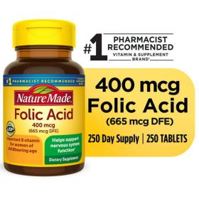 Nature Made Folic Acid 400 mcg (665 mcg DFE) Tablets;  250 Count