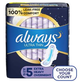 Always Ultra Thin Extra Heavy Overnight Pads with Wings;  Size 5 Unscented 34 CT