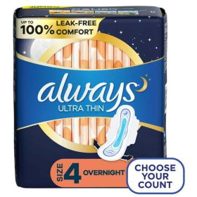 Always Ultra Thin Overnight Pads with Wings;  Size 4 Overnight 36 Count