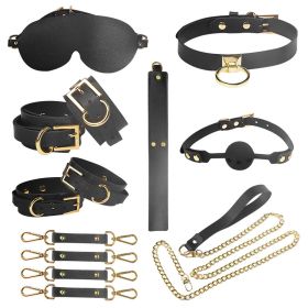 Collar Handcuffs Bondage And Discipline Toy Set (Option: SM Gold Eight Piece Set Black)