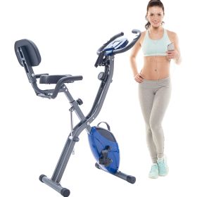 Folding Exercise Bike; Fitness Upright and Recumbent X-Bike with 10-Level Adjustable Resistance; Arm Bands and Backrest (Color: Blue)